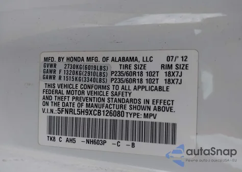 2012 Honda Odyssey Touring/Touring Elite from USA, damaged, VIN 5FNRL5H9XCB126080